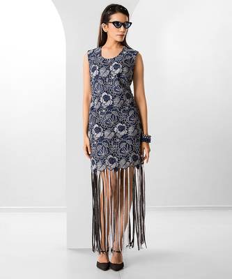 Blue floral printed buttersoft linen fringe dress 4
