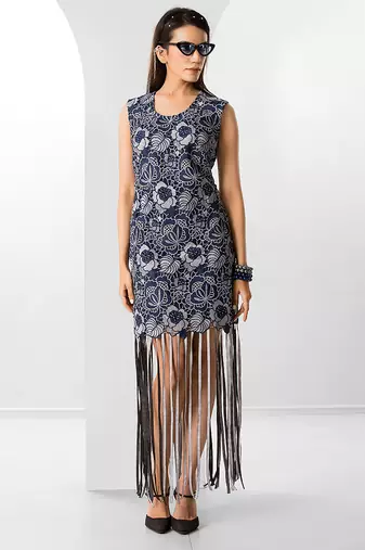 Blue floral printed buttersoft linen fringe dress