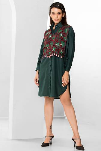 Bottle green embroidered buttersoft linen shirt dress