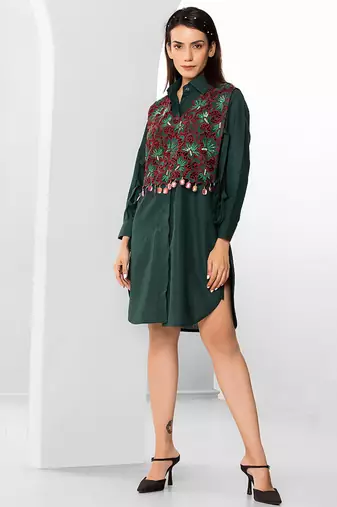 Bottle green embroidered buttersoft linen shirt dress