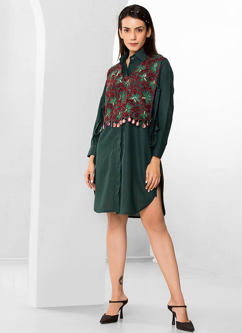 Bottle green embroidered buttersoft linen shirt dress