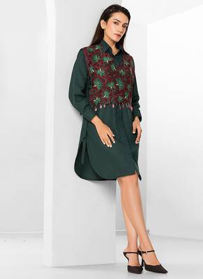 Bottle green embroidered buttersoft linen shirt dress 2