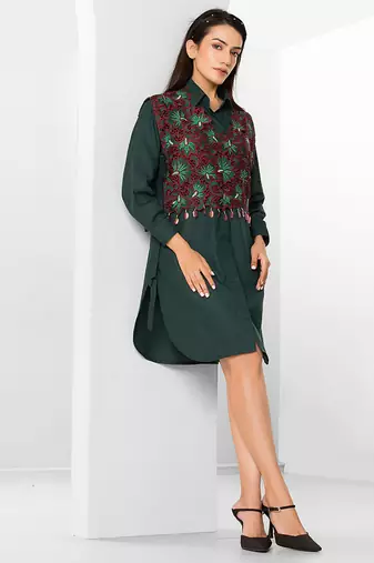 Bottle green embroidered buttersoft linen shirt dress