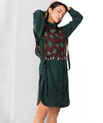 Bottle green embroidered buttersoft linen shirt dress 3
