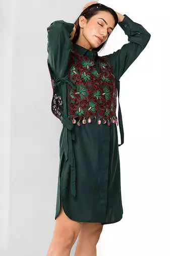 Bottle green embroidered buttersoft linen shirt dress