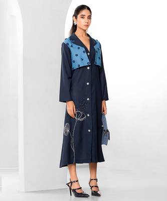 Tuft blue embroidered buttersoft linen long dress 1