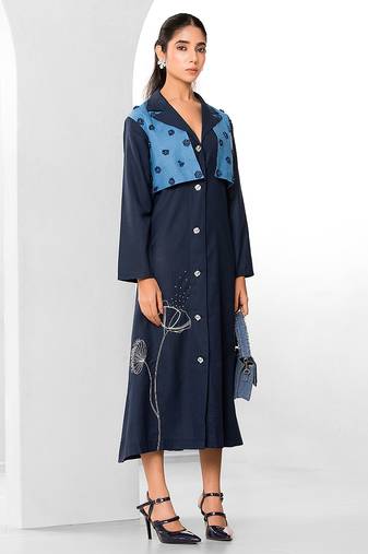 Tuft blue embroidered buttersoft linen long dress