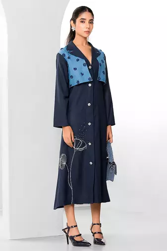 Tuft blue embroidered buttersoft linen long dress