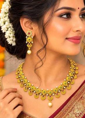 South Indian Temple Necklace Set | Antique Gold CZ Pearl Bridal Jewelry 1