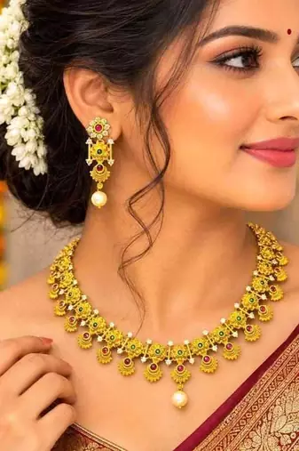 South Indian Temple Necklace Set | Antique Gold CZ Pearl Bridal Jewelry