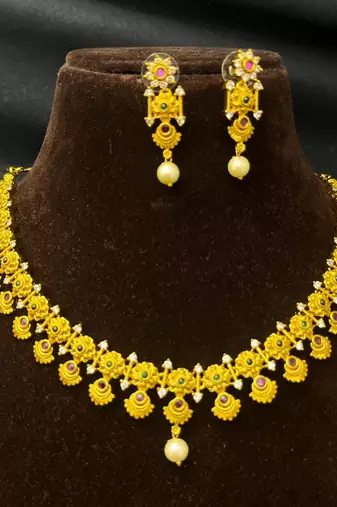 South Indian Temple Necklace Set | Antique Gold CZ Pearl Bridal Jewelry