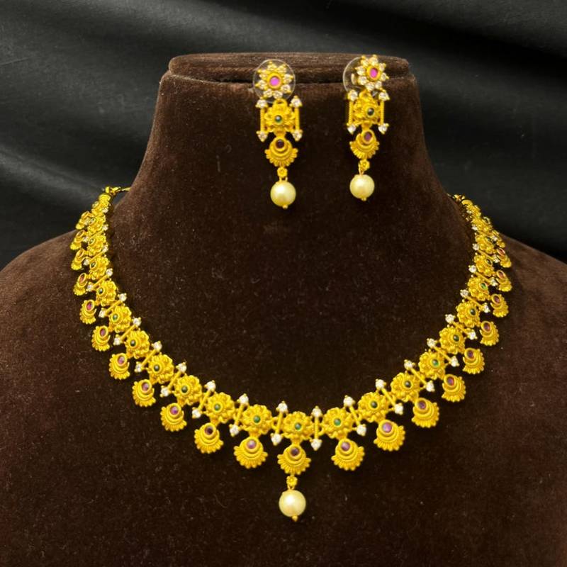 South Indian Temple Necklace Set | Antique Gold CZ Pearl Bridal Jewelry