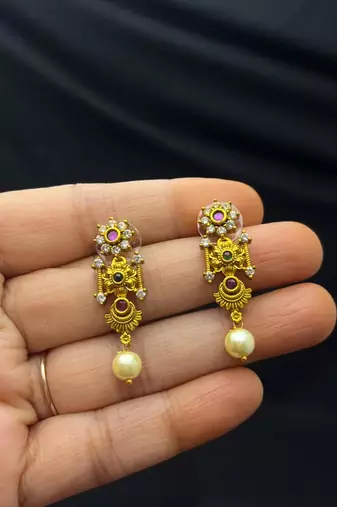 South Indian Temple Necklace Set | Antique Gold CZ Pearl Bridal Jewelry