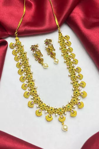 South Indian Temple Necklace Set | Antique Gold CZ Pearl Bridal Jewelry