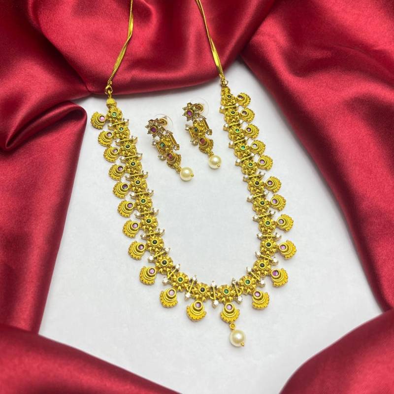 South Indian Temple Necklace Set | Antique Gold CZ Pearl Bridal Jewelry