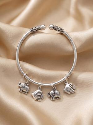 92.5 sterling silver elephant & fish charm silver open cuff bracelet for women 1