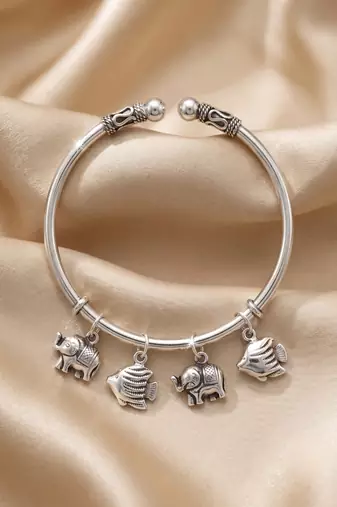 92.5 sterling silver elephant & fish charm silver open cuff bracelet for women
