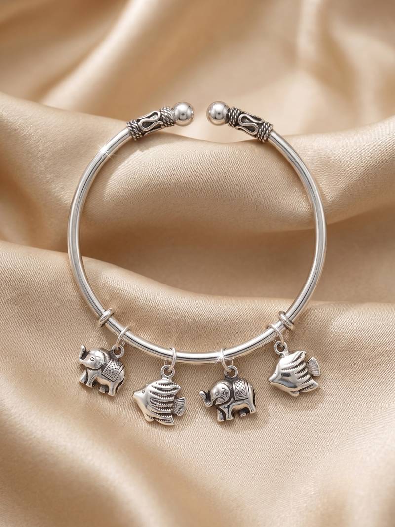 92.5 sterling silver elephant & fish charm silver open cuff bracelet for women