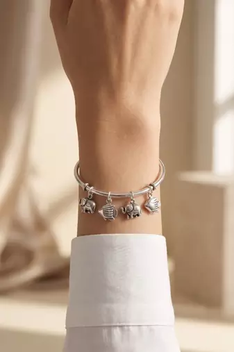 92.5 sterling silver elephant & fish charm silver open cuff bracelet for women