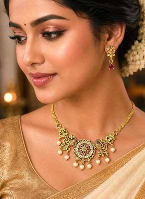 Antique Gold Peacock Necklace Earrings Set, Temple Jewelry with Pearl Drops 1