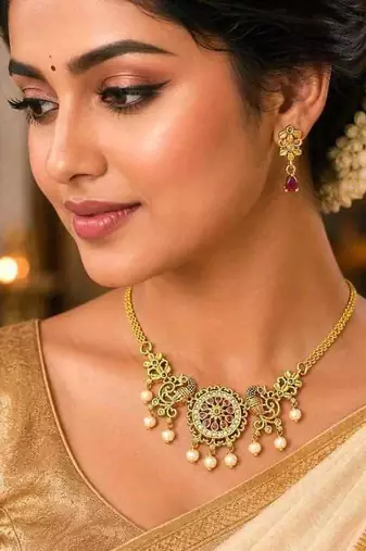 Antique Gold Peacock Necklace Earrings Set, Temple Jewelry with Pearl Drops
