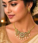 Antique Gold Peacock Necklace Earrings Set, Temple Jewelry with Pearl Drops