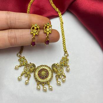 Antique Gold Peacock Necklace Earrings Set, Temple Jewelry with Pearl Drops 2