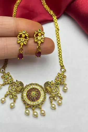 Antique Gold Peacock Necklace Earrings Set, Temple Jewelry with Pearl Drops
