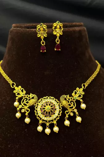 Antique Gold Peacock Necklace Earrings Set, Temple Jewelry with Pearl Drops
