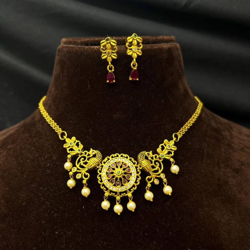 Antique Gold Peacock Necklace Earrings Set, Temple Jewelry with Pearl Drops