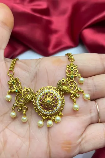 Antique Gold Peacock Necklace Earrings Set, Temple Jewelry with Pearl Drops