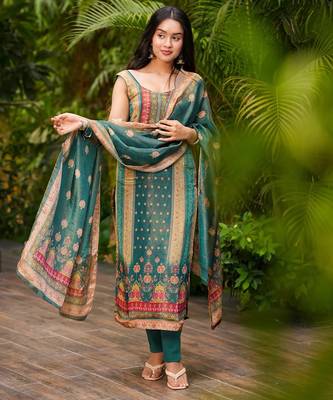 Teal green blend straight kurta set for women with pant and dupatta 1