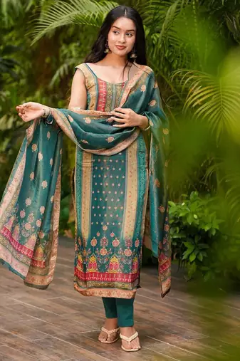 Teal green blend straight kurta set for women with pant and dupatta