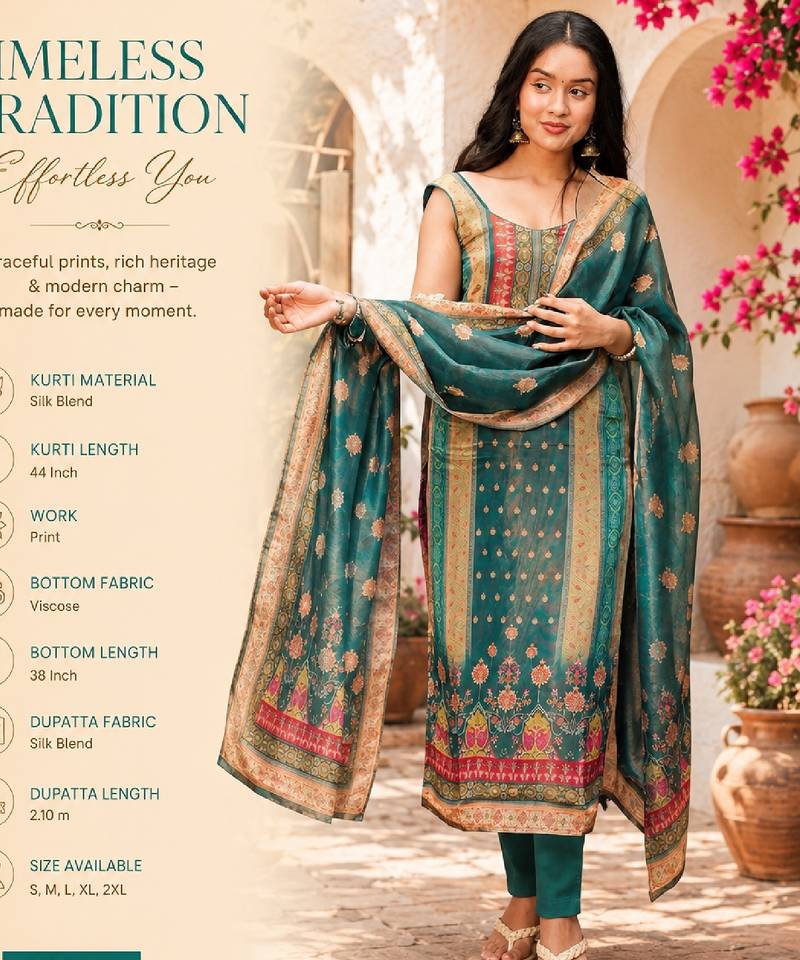 Teal green blend straight kurta set for women with pant and dupatta