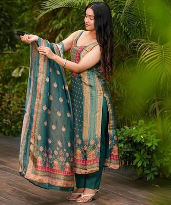 Teal green blend straight kurta set for women with pant and dupatta 3