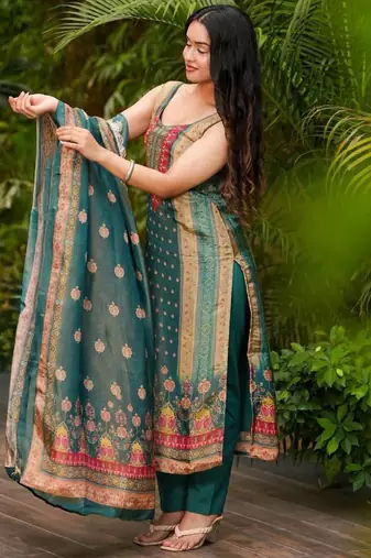 Teal green blend straight kurta set for women with pant and dupatta