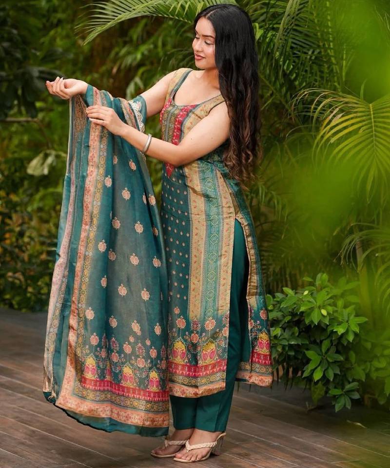 Teal green blend straight kurta set for women with pant and dupatta