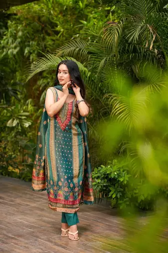 Teal green blend straight kurta set for women with pant and dupatta