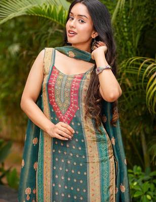 Teal green blend straight kurta set for women with pant and dupatta 5