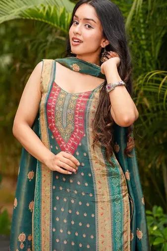 Teal green blend straight kurta set for women with pant and dupatta