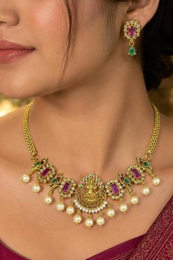 Temple Lakshmi Necklace Set, Ruby Green CZ Bridal Jewelry, South Indian Wedding Traditional Set