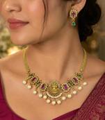 Temple Lakshmi Necklace Set, Ruby Green CZ Bridal Jewelry, South Indian Wedding Traditional Set