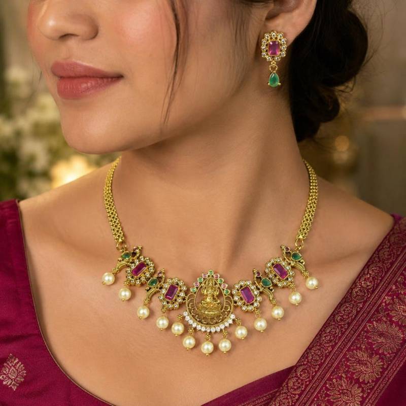 Temple Lakshmi Necklace Set, Ruby Green CZ Bridal Jewelry, South Indian Wedding Traditional Set