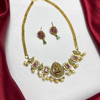 Temple Lakshmi Necklace Set, Ruby Green CZ Bridal Jewelry, South Indian Wedding Traditional Set 2