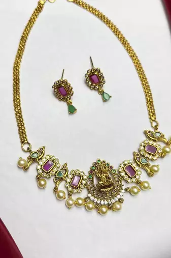 Temple Lakshmi Necklace Set, Ruby Green CZ Bridal Jewelry, South Indian Wedding Traditional Set