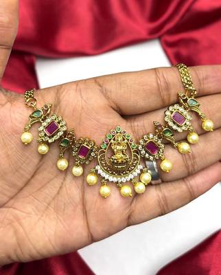 Temple Lakshmi Necklace Set, Ruby Green CZ Bridal Jewelry, South Indian Wedding Traditional Set 3