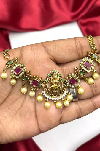 Temple Lakshmi Necklace Set, Ruby Green CZ Bridal Jewelry, South Indian Wedding Traditional Set