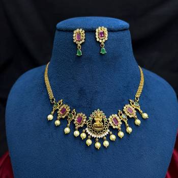 Temple Lakshmi Necklace Set, Ruby Green CZ Bridal Jewelry, South Indian Wedding Traditional Set 4