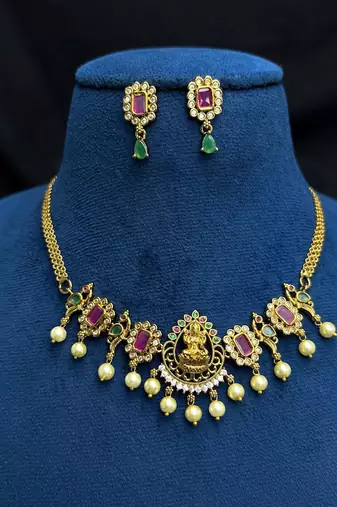 Temple Lakshmi Necklace Set, Ruby Green CZ Bridal Jewelry, South Indian Wedding Traditional Set