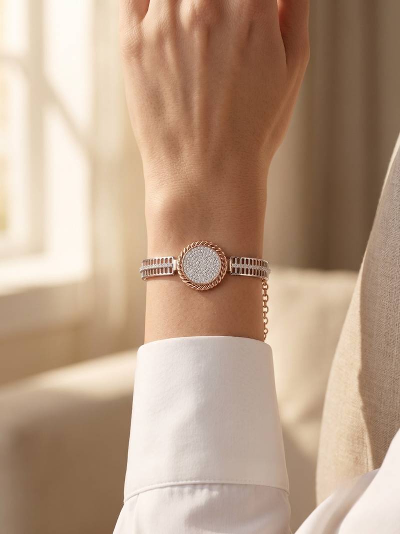 92.5 sterling silver rose gold crystal circle statement bracelet for women